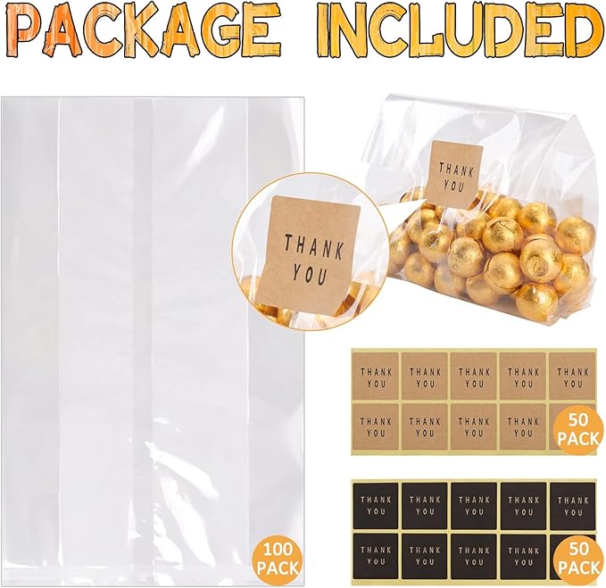 Cellophane Treat Bags Cookie Bags for Packaging Clear Gift Bag with Stickers for Cookies, Candy, Chocolates, Graduation Gift Bags(Clear, 9x6 INCH)