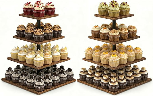 Wooden 2 Pack 4 Tier Cupcake Stand for 50 Cupcakes,Cupcake Holder,Cupcake Tower,Tiered Tray Stand for Birthday Bar Décor Weddings,Parties Events, Dark Brown