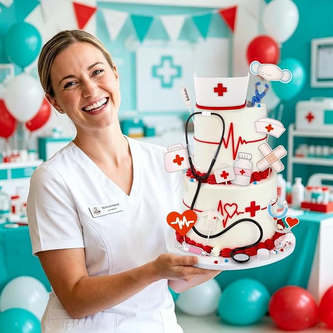 Hooqict 27Pcs Nurse Graduation Cake Decorations Set with Mini Cap, Medical Kit, Medicine, Nurse Cake Toppers & Cupcake Toppers for Medical Birthday Decorations Nursing Graduation Party Supplies