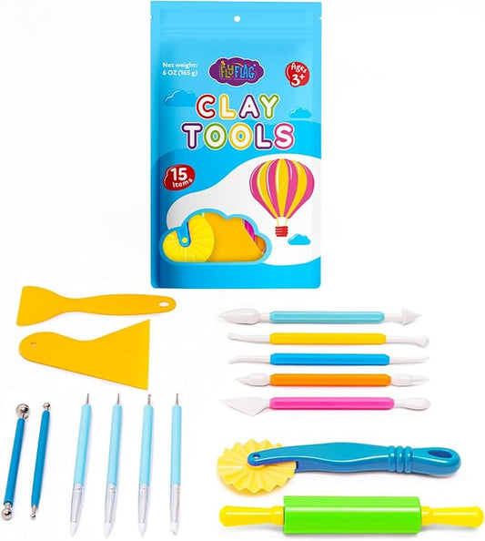 FlyFlag Air Dry Clay Tools Kit, 20 Pcs – Includes Ball Stylus, Rubber Pens, Rolling Pin, Plastic Scrapers, and Modeling Tools – Ideal for Pottery, Craft, Molding, and Shaping
