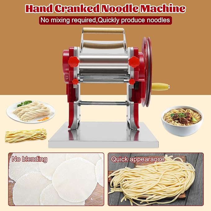 Commercial Pasta Maker, Stainless Steel Manual Pasta Machine with Adjustable Thickness Settings, Angel Hair Ravioli Noodle Cutter,Dough, Wide Noodles, Fine Noodles, Lasagna or Dumpling Skins