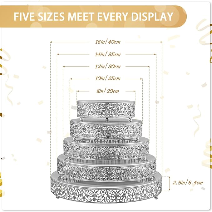 Wenqik 5 Pcs Metal Silver Cake Stand 16/14/12/10/8 Inch Round Cake Holder Display for Dessert Table Cookies Fruit Serving Tray Cupcake Pastry Riser for Wedding Birthday Party and Events