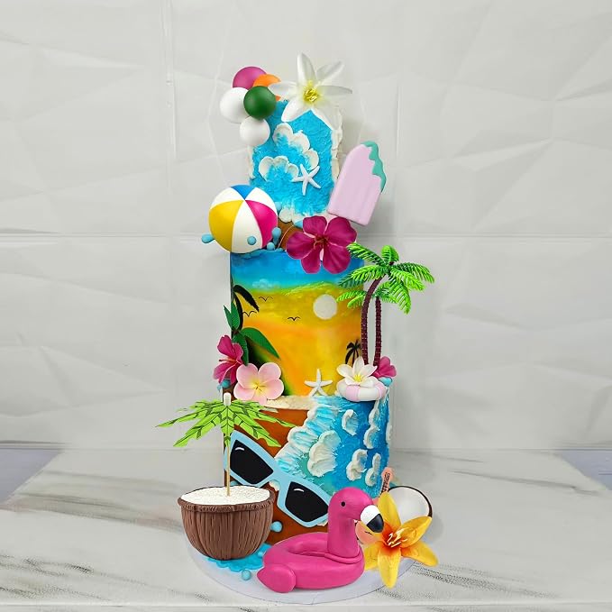 20 PCS Hawaiian Beach Cake Decorations Set Summer Tropical Cake Topper with Flamingo Rainbow Coconut Tree for Hawaiian Party Beach Theme Party Decor