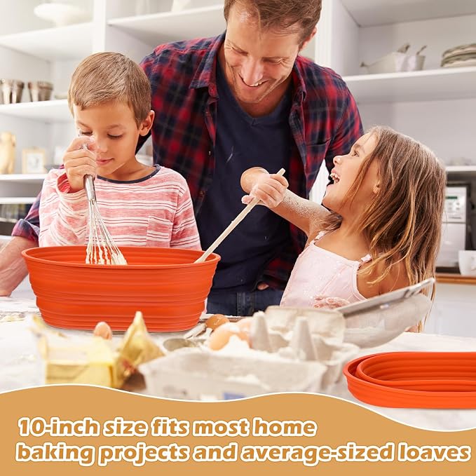 Nuogo 4 Pack Oval Bread Proofing Basket Silicone 10 Inch Collapsible Sourdough Bread Baking Supplies Dough Proofing Bowl with 4 Pcs Dough Scraper and 4 Pcs Basket Covers(Orange)