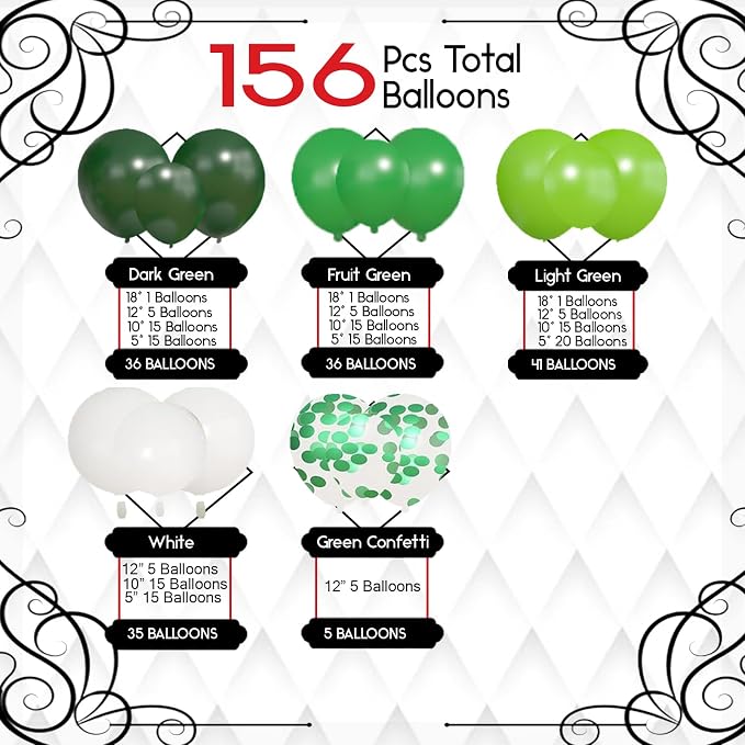 Archloon 156pcs Green Balloons Arch Garland Kit, Different Sizes 18 12 10 5inch Dark Emerald Light Lime Green Latex Confetti Balloon for Safari Jungle Baby Shower Birthday Graduation Party Decorations
