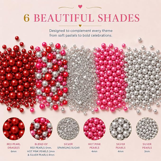 Confect Assorted Edible Sprinkles Pack of 5 – Red, Pink & Silver Dragees with Silver Sparkling Sugar | Costume Party Disco Ball Mix for Cake & Cupcake Decoration | Vegan, Gluten-Free, Nut-Free, Soy-Free, Dairy-Free, Palm Oil-Free - 5 Oz