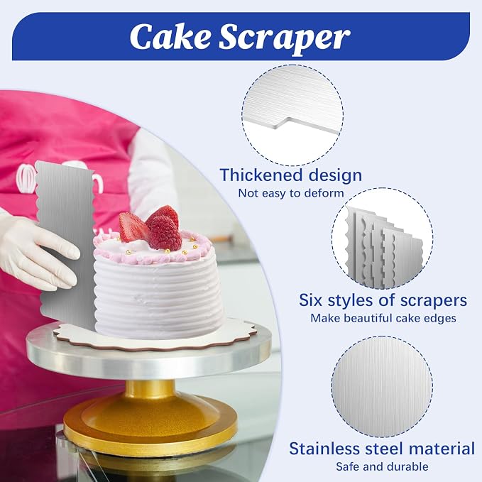 8.6 Inch Metal Cake Scraper, 6 Pack Double Sided Contour Patterned Edge Smoother, Stainless Steel Cake Decorating Comb Icing Leveler Tool for Buttercream Mousse Pastry Cake Border Decoration