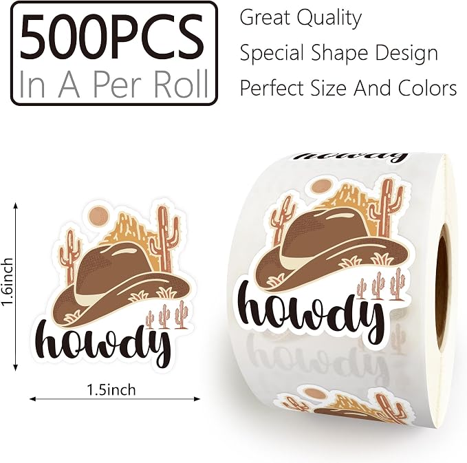500pcs Howdy Cowboy Hat Sticker Roll, Western Party Stuff, Wild Life Cowgirl, Happy Mail, Thank You - Western Theme