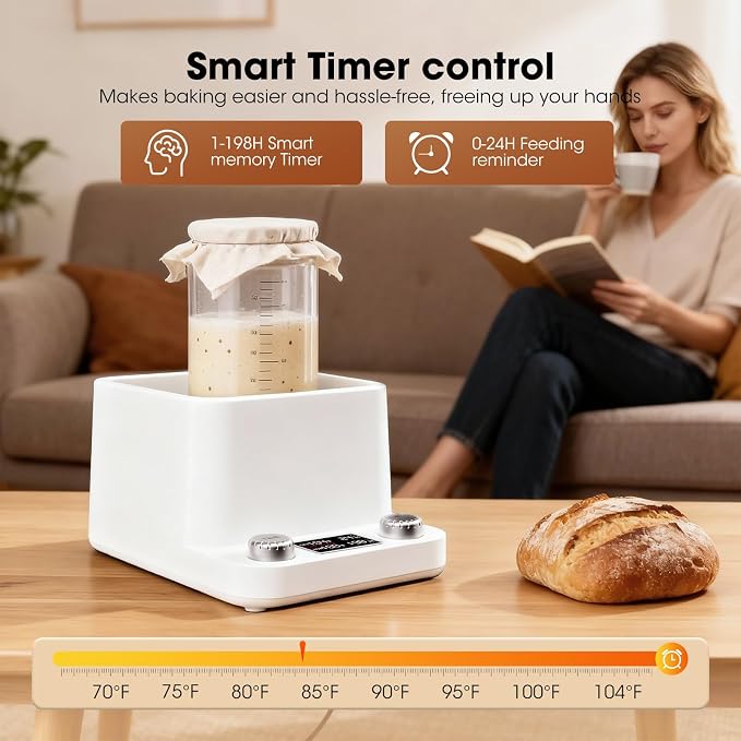 Sourdough Starter Warmer | Water Bath Precise 1°F Thermostat (70-104°F) Sourdough Warmer| For jars under 50 oz | 1-198H Memory Timer | 360° Uniform Warmer |Fermenter's Dream for Home Baking (White)
