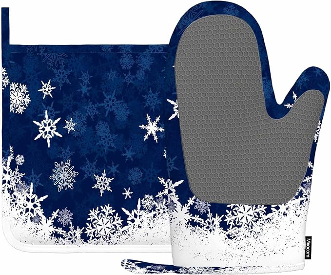 Mxocom Merry Christmas Snowflake Silicone Oven Mitts and Pot Holders Sets Winter Blue Frosty Snow Christmas BBQ Gloves for Kitchen,Cooking,Baking,Grilling