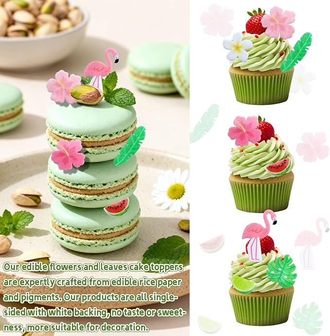 75Pcs Edible Flowers Cake Decorations – Tropical Hawaiian Flamingo Cupcake Toppers, Wafer Paper Edible Flowers for Luau Summer Birthday Party Supplies