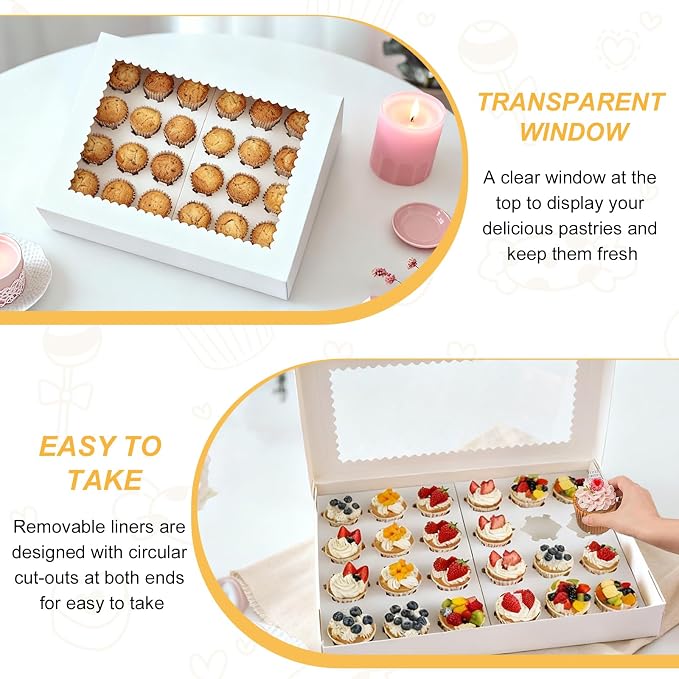 6 Pack White Mini Cupcake Boxes Holder for 24 Cupcakes, Food Grade Dessert Muffins Box Containers with Window and Inserts for Birthday Holiday Party Bakery Supplies