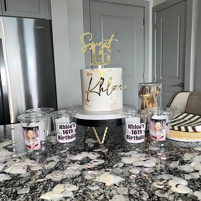 Golden Acrylic Sweet 16 Happy Birthday Cake Topper, 5.9 x 3.54inch Sixteenth Birthday Cake Decoration Cheer to 16th Fancy Cake Decor
