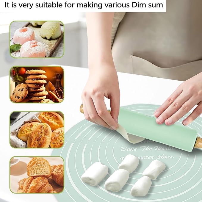 Silicone Rolling Pin Backing Mat Set, 13" Dough Roller with Non Stick Pastry Sheet, Small Fondant Roller Round Kneading Mat for Bread Cookie Pie Pizza Sourdough Kitchen (Mint Green)