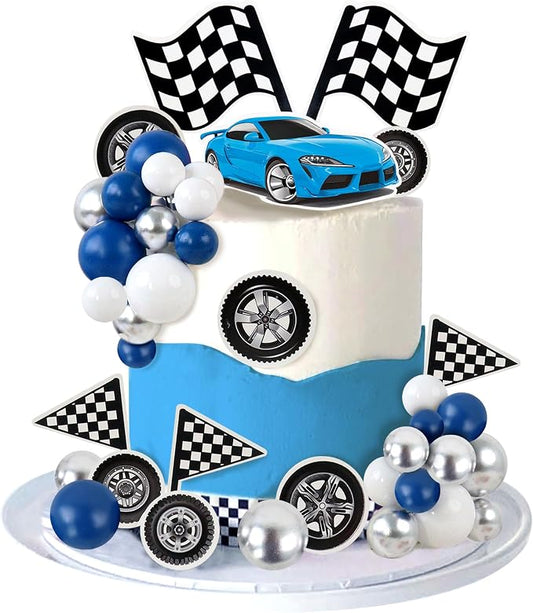 Ercadio 42Pcs Blue Racing Car Birthday Cake Toppers Wheel Checkered Flag Cupcake Toppers Silver Blue Balls Cake Decorations for Kids Racing Birthday Cake Decoration Race Car Party Supplies