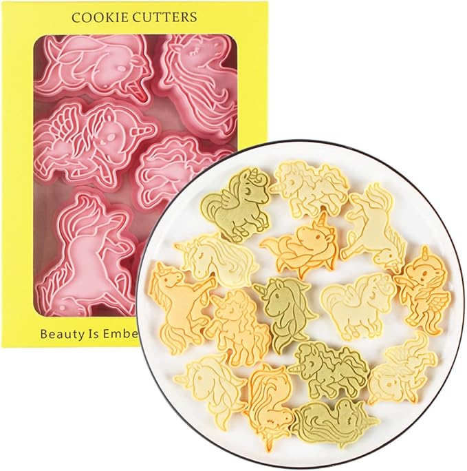 6 Pieces Cute Uncorn Cookie Cutters Set Plastic Unicorn Shape Cookie Stamps Cookie Mould Press Unicorn Cookie Mould Set Baking Kitchen Tools (Unicorn 0209)