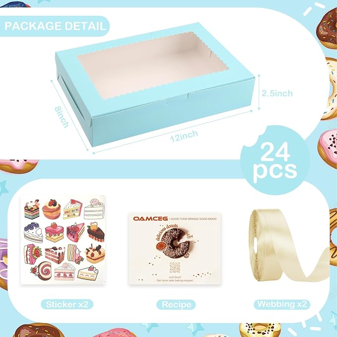 OAMCEG 24 Pack Cookie Boxes with Window, 12x8x2.5 Inch Bakery Treat Boxes for Christmas Holiday Gift Giving, Desserts, Donuts, Pastries-Blue