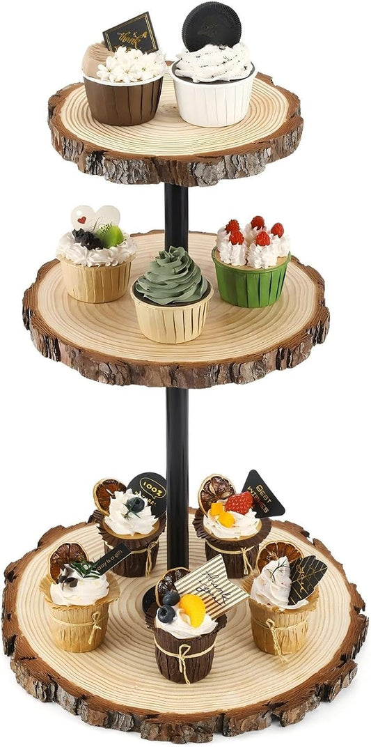 Chunful Rustic 3 Tier Round Natural Wood Cupcake Dessert Stand, Cup Cake Tower Stand Holder, Wooden Cake Display Tiered Centerpiece for Party, Birthday, Wedding, Baby Shower, Holiday Decoration