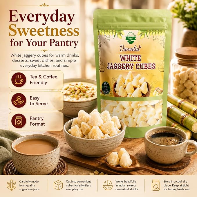 Danodia Foods Organic White Jaggery Cubes, Cane Gur Sweetener, 1 lb Pack | Jaggery gur pieces for chai, coffee, desserts and cooking; Gluten-Free, Vegan; traditional Indian cane sweetener; pantry use