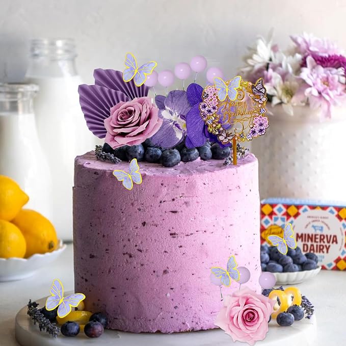 27 PCS Flower Cake Decorations Purple Cake Decorations Boho Butterfly Cake Toppers with Rose Artifical Flowers Palm Leaves Balls Happy Birthday Cake Topper for Birthday Party Wedding Baby Shower
