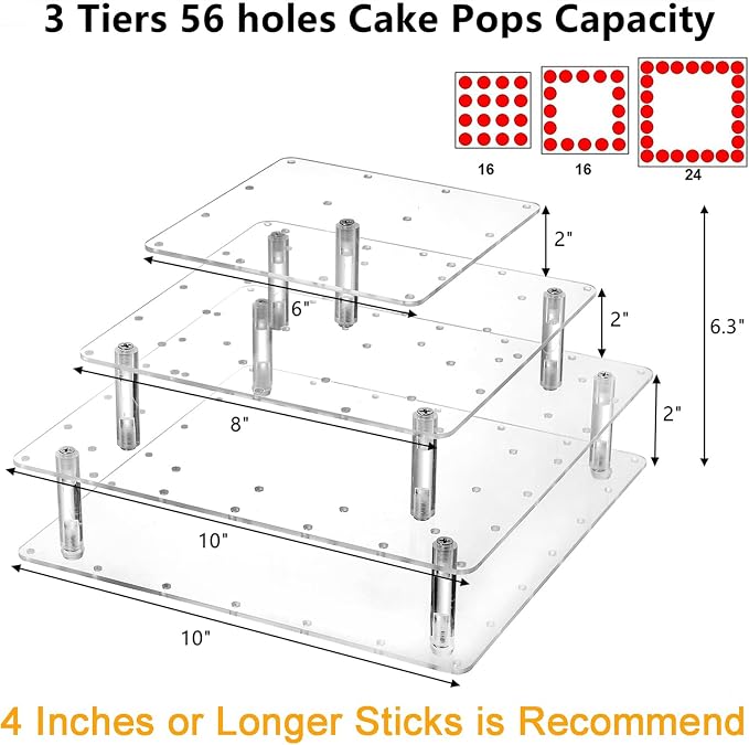 Frcctre 3 Tier Acrylic Cake Pop Display Stand, 56 Holes Clear Acrylic Lollipop Holder Square Cupcake Dessert Candy Holder for Wedding Baby Shower Birthday Parties Anniversaries