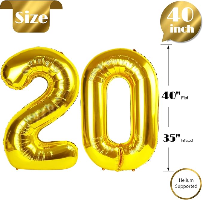 Gold Number 20 Balloon 40 inch, 20 Number Balloons, 20th Gold Birthday Decorations, 20 Year Old Girls Boys Golden Party Supplies