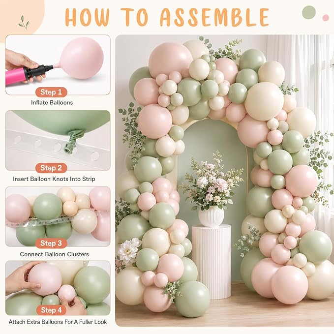 Pink and Green Balloon Arch Garland Kit, 122Pcs Ivory Sand White Dusty Pink Sage Green Spring Balloons for Women Girl Boho Bridal Wedding Baby Shower Engagement Birthday Party Decorations