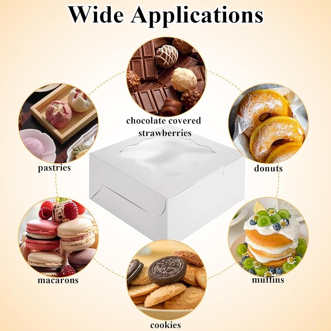 QTLCOHD 100 Pack 6 x 6 x 3 Inch Bakery Boxes with Window | White Cookie Boxes Bulk for Dessert, Cupcake, Pastry, Cookies, Treat, Strawberries Chocolate