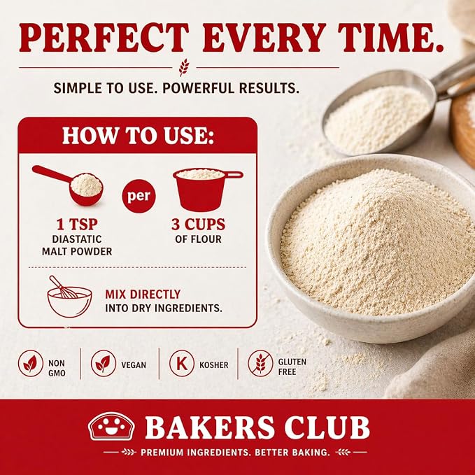 Bakers Club Artisan Diastatic Malt Powder 10oz - Enhance Flavor, Crust, Rise, Texture - Baking Bread, Pizza Crust, Pretzels, Desserts, Muffins, Bagels, Sourdough, Milkshakes - Made in USA, Malted Barley Flour 10oz