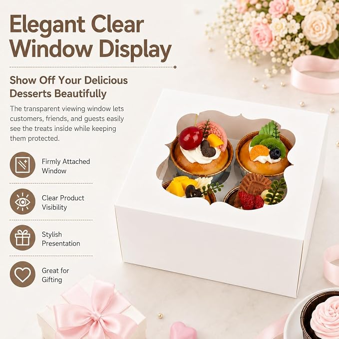 Cupcake Boxes with Window, 20 Pack 6.5x6.5x3 Inch Bakery Boxes for 4 Cupcakes, Muffins, Cookies & Pastries, Disposable Dessert Boxes with Insert Holder (White)
