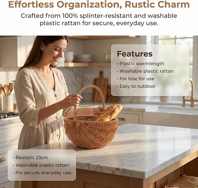 Small Woven Basket with Handle, Plastic Rattan Wicker Easter Basket for Picnic, Harvesting, Home Storage And Decor, Splinter-free, Light Brown, 9. 04 Inch