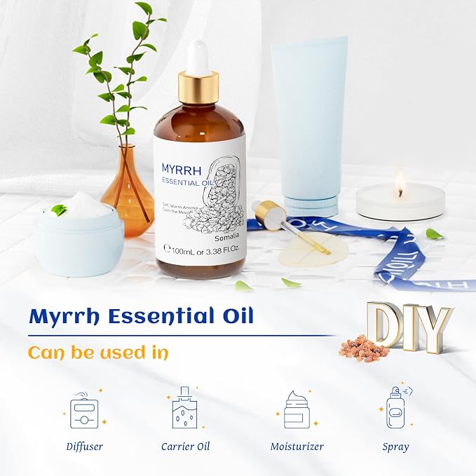HIQILI 100ML Myrrh Essential Oil for Skin, Diffuser & Candle - 3.38 Fl Oz