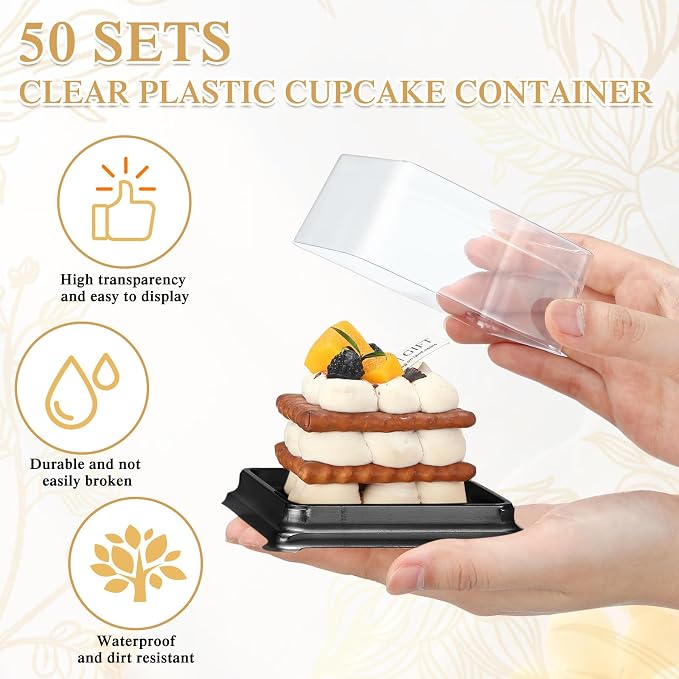 Honeydak Clear Cake Containers with Lids Wedding Cake Pans Cupcake Container Muffins Box Cocktail Picks Appetizer Thanks Tags Eucalyptus Leaves for Wedding Birthday Dessert Display (Black,50 Sets)