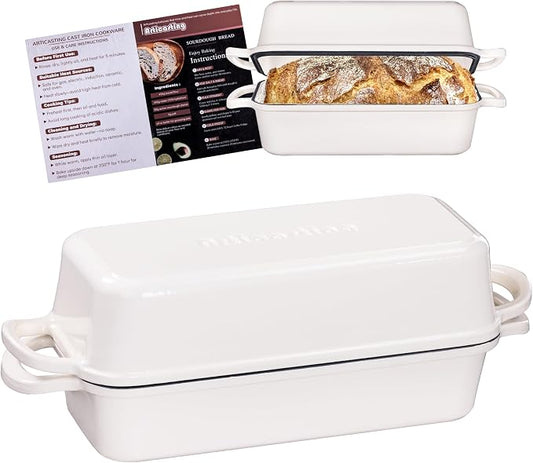 11x5 Inch Cast Iron Bread Loaf Pan With Lid, 5.8 Qt Large Loaf Pan for Sourdough Bread Baking, Heavy Duty Dutch Oven Bread Pan For a Crispy Crust, White