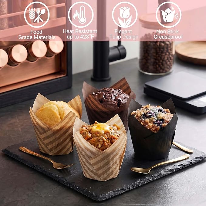 200 Pcs Stripe Tulip Cupcake Liners for Baking, Assorted Colors | Standard Greaseproof Tulip Muffin Liners for Baking, 3oz Paper Cupcake Wrappers for Party Wedding Birthday