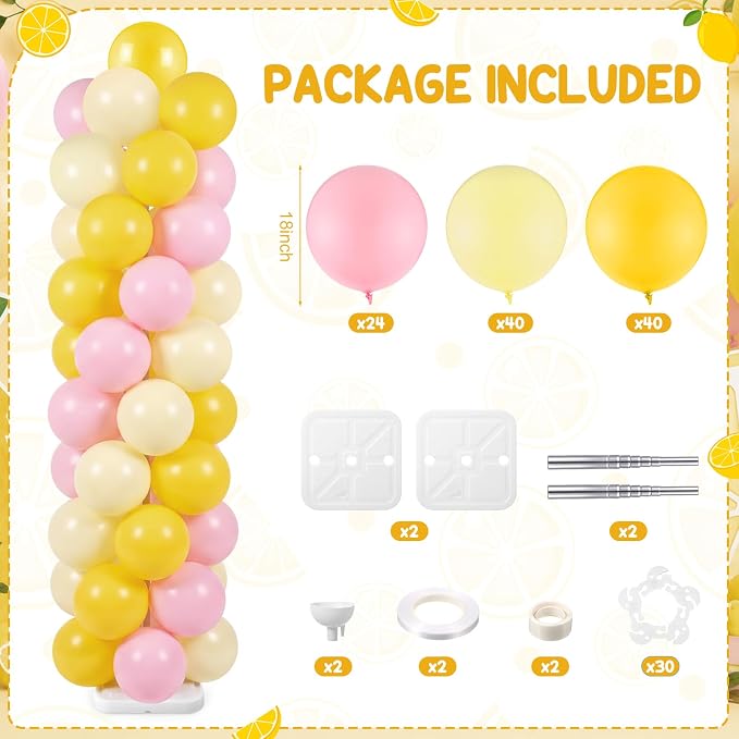 Skylety Lemon Balloon Column Stand Kit, 2 Sets 6.5 Ft Adjustable Balloon Tower Stand with Bases Pastel Yellow Light Pink Balloons Decorations for Birthday Wedding Baby Shower Party Supplies