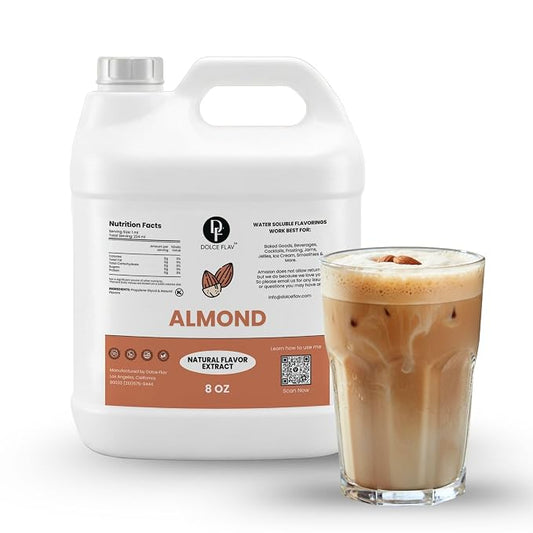 Dolce Flav Natural Almond Extract – 8 Ounce Water-Soluble Kosher, Sugar-Free, Concentrated Pure Almond Flavoring for Baking, Pastries & Beverages, Includes Measured Dropper