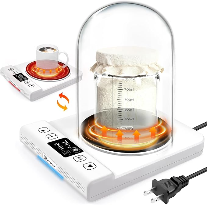 2-in-1 Upgraded Sourdough Starter Warmer with Glass Dome, Precise 1℉ Thermostat Sour Dough Starter Heating Mat (70-100℉) and Mug Warmer (110-180℉) Dual Mode, Sourdough Warming Mat for Baking & Coffee