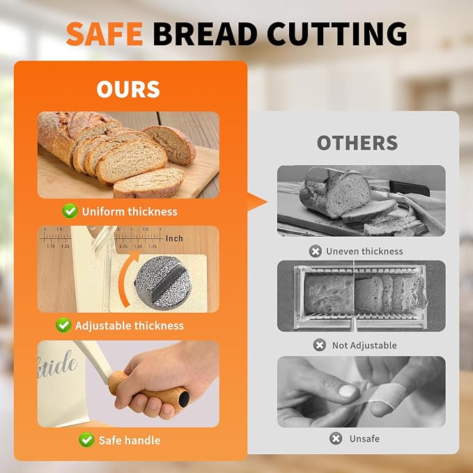Manual Bread Slicer for Homemade Sourdough Bread, Hand Crank Bread Slicer With Scale Line, Suction Cups and Quality Solid Wood Base, Adjustable Thickness, Evenly Slice