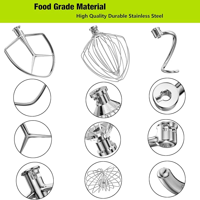 Stainless Steel Stand Mixer Attachments 3-Piece for KitchenAid 7 Qt Tilt Head Stand Mixer. Includes 20 Wire Whisk, Flat Beater, Dough Hook for KitchenAid 7 Qt Mixer Bowl