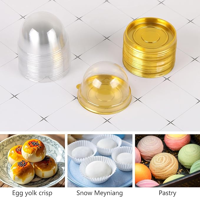 Clear Plastic Mini Cake Container, Round Cupcake Mooncake Dessert Boxes Muffin Pod Dome Muffin Single Container Box with a Transparent Lid for Wedding Birthday Party (Gold, 20pc)