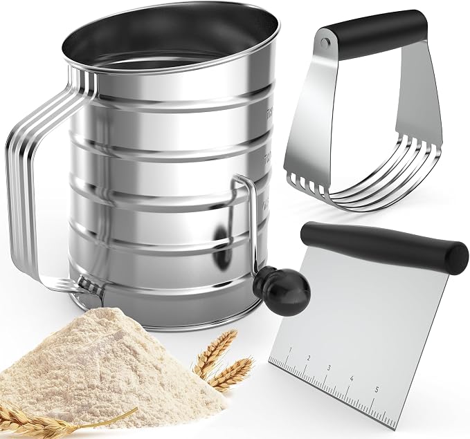 Flour Sifter For Baking, Fine Mesh Hand Crank Flour Sifter With 4 Wire Agitator Loop for Baking Stainless Steel Sifter for Powdered Sugar for Baking, Large Flour Sifter Tools 3 Cup Sets