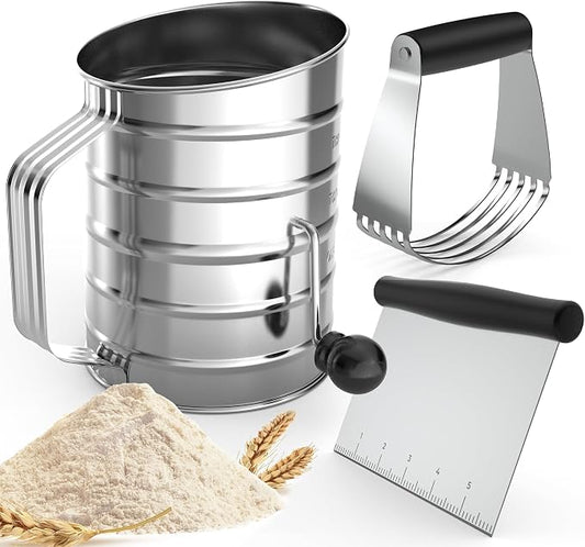 Flour Sifter For Baking, Fine Mesh Hand Crank Flour Sifter With 4 Wire Agitator Loop for Baking Stainless Steel Sifter for Powdered Sugar for Baking, Large Flour Sifter Tools 3 Cup Sets