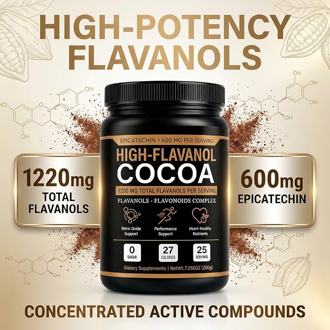 High Flavanol Cocoa Powder - 1200mg Flavanols & Flavonoids, High Flavanol Cacao with 600mg Epicatechin, 10X Concentrated Cocoa Extract for Baking, Cooking & Beverages, 200g