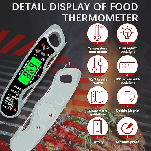 Meat Thermometer Digital，IP67 Waterproof Cooking Thermometer with Backlight, Calibration & Hold Function，Food Thermometer for Cooking,Outdoor Grilling