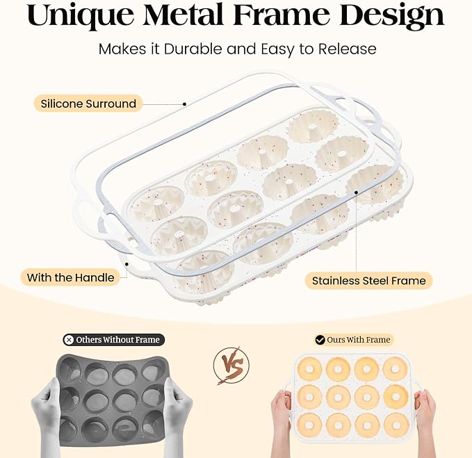 Vinino 3 Inch Silicone Mini Fluted Tube Cake Pan with Metal Reinforced Frame, 4 Different Shapes, 12-Cavity Mini Flan Mold, Nonstick Baking Pan for Mini Donuts, Jello, Pudding, Brownies, 2 Pack