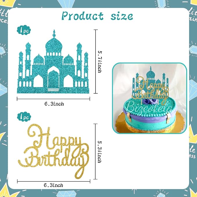 2Pcs Lake Blue Princess Cake Toppers Glitter Happy Birthday Cake Picks Castle Decorations for Girls Princess Birthday New Year Party Supplies