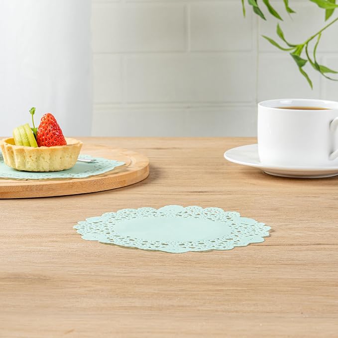 Pastry Tek 6 x 6 Inch Paper Lace Doilies, 100 Disposable Table Doilies - Elegant Lace Finish, Long Lasting, Teal Paper Doily, for Pastries, Cupcakes, Desserts - Restaurantware