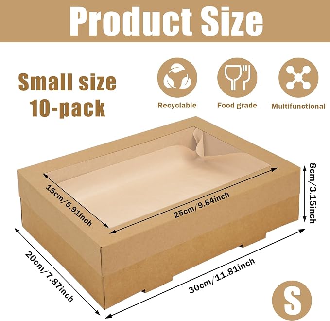 10 Pack Bakery Boxes with Window, 11.8x7.87x3.15 Inch Large Cookie Boxes, Cardboard Pastry Boxes, Take out Containers for Baking Pies, Cakes, Muffins and Pastries (S)