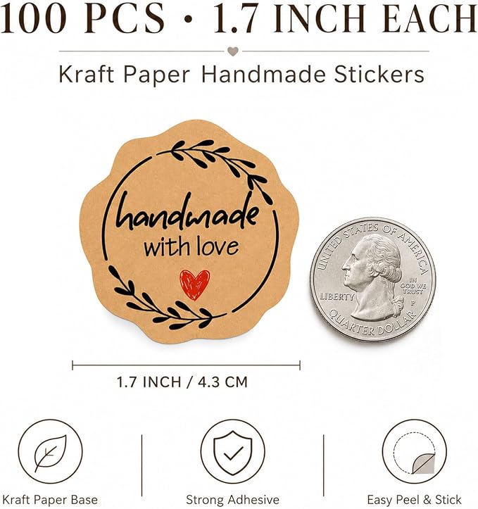 100 Pcs Handmade with Love Stickers, Kraft Paper Bakery Stickers for Bakers & Small Businesses, Packaging Labels for Bread Bags, Treat Bags, Gift Wrapping and Baked Goods 1.7 Inch